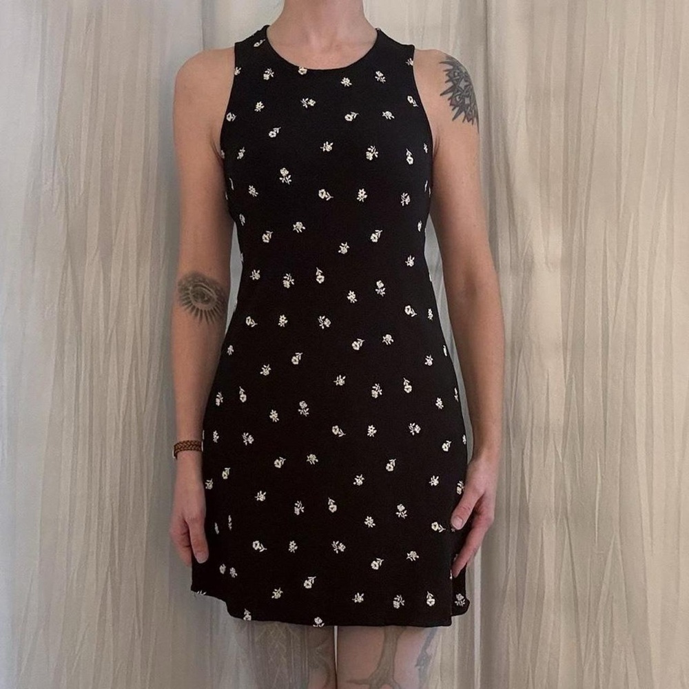 Black Sleeveless Mini Dress with White Flowers Textured‎ Fabric Vintage 90s